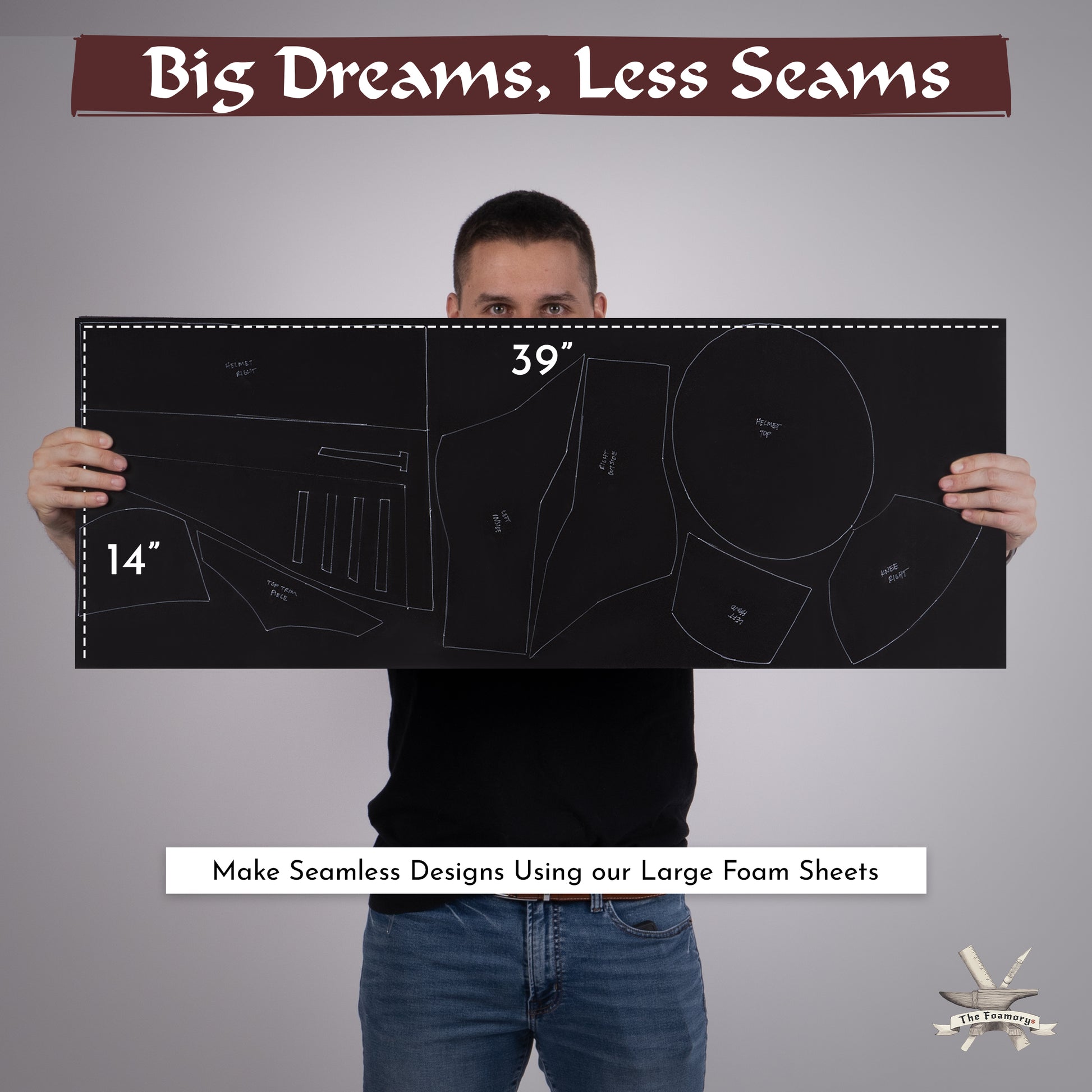 Person holding a large eva  foam sheet for Cosplay and costumes with sewing patterns and measurements, with text 'Big Dreams, Less Seams' above.