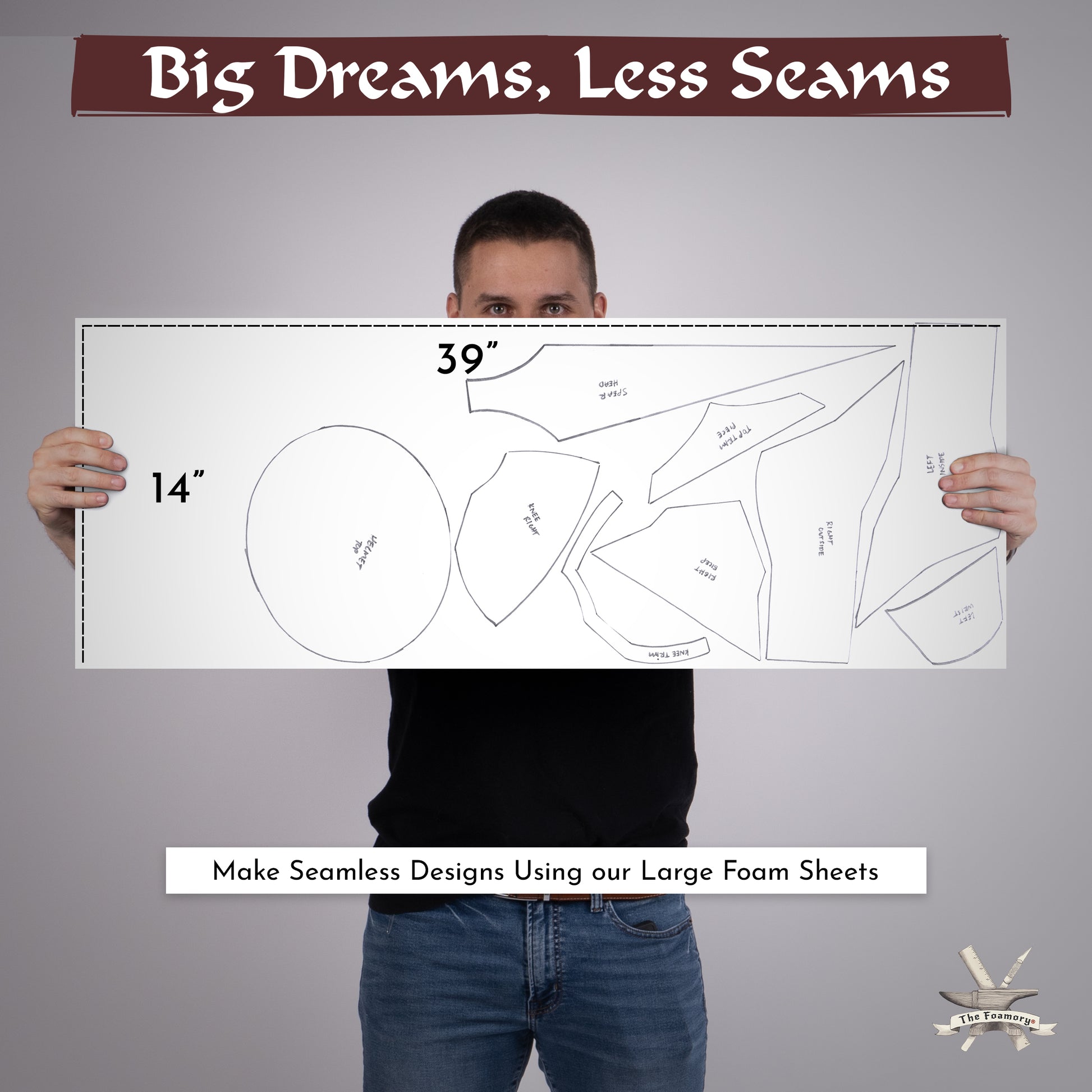 Person holding a large eva  foam sheet for Cosplay and costumes with sewing patterns and measurements, with text 'Big Dreams, Less Seams' above.