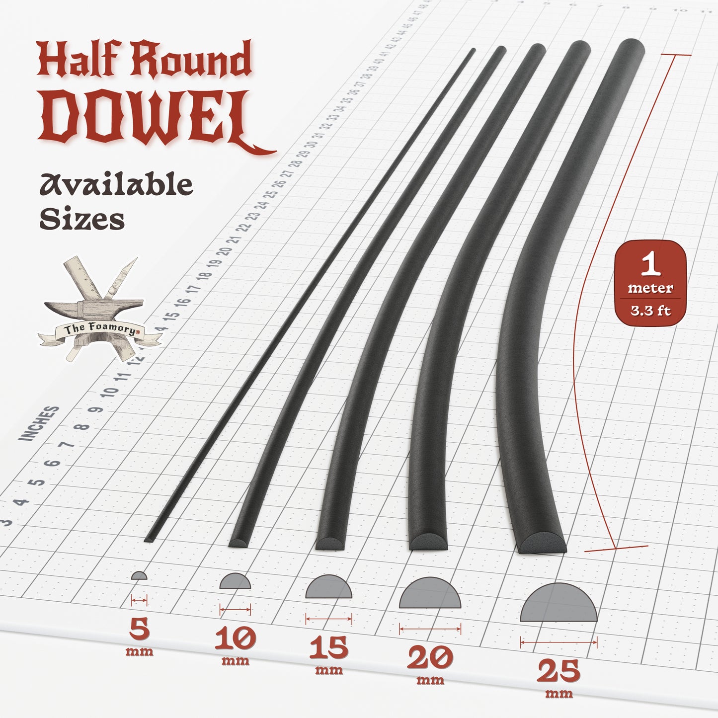 High Density EVA Foam Dowels/Bevels | 1 to 3 Meter(s) Options | Multiple Shapes | Multiple Diameters 5-40mm