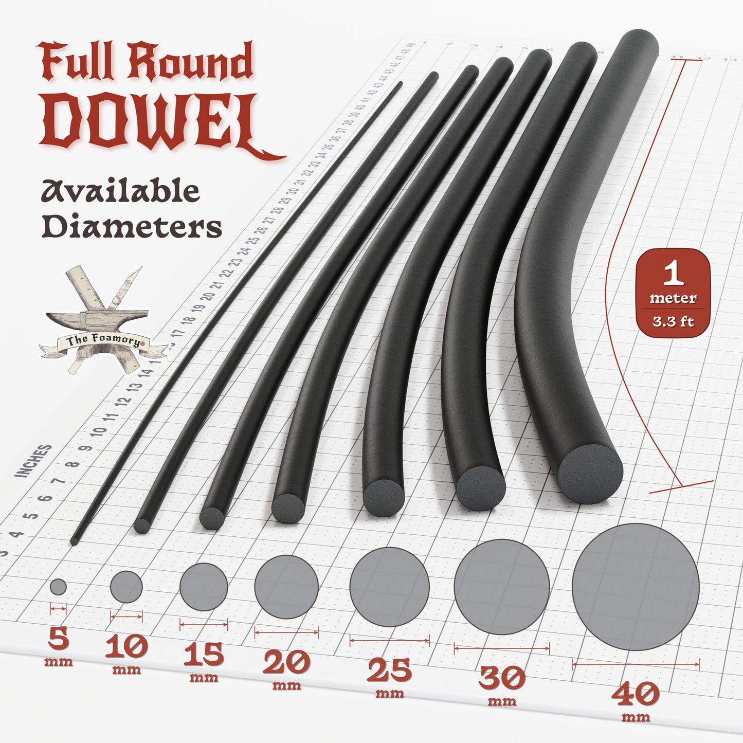 High Density EVA Foam Dowels/Bevels | 1 to 3 Meter(s) Options | Multiple Shapes | Multiple Diameters 5-40mm